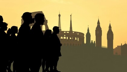 Fototapeta premium Europe Exploration: Silhouetted travelers with iconic landmarks at dusk