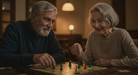 Happy elderly couple engaged in a board game. Retired seniors enjoying a fun activity together in a cozy setting.