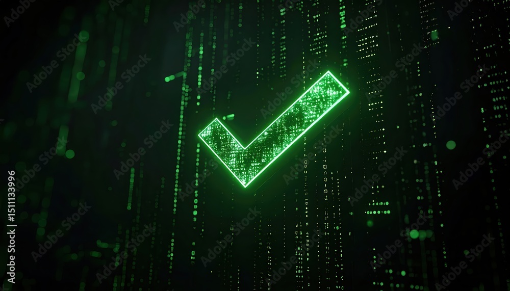 Poster digital checkmark icon glowing in green against a futuristic data matrix background representing onl