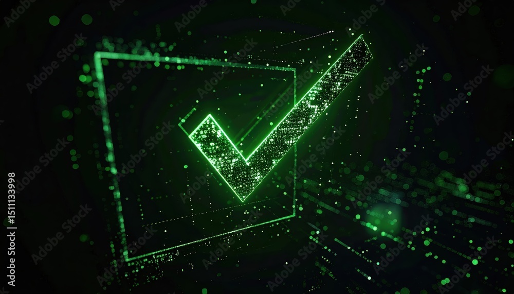 Poster high tech digital checkmark symbol in glowing green pixels representing validation or verification