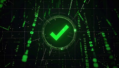 Fototapeta premium Digital confirmation check mark symbol in futuristic technology interface with digital lines and glowing effects