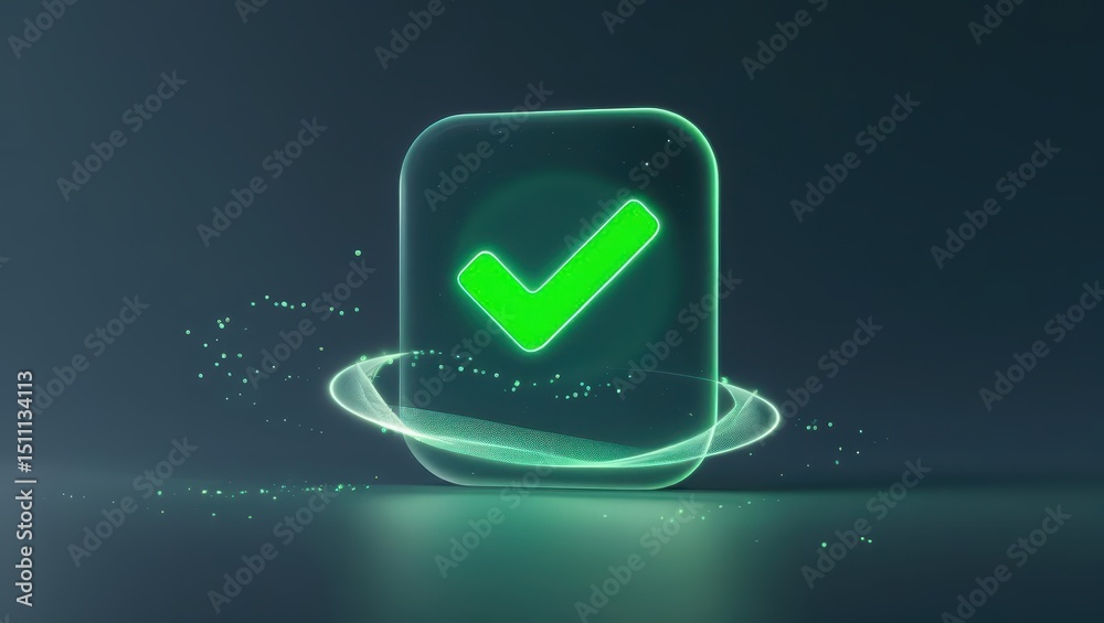 Poster digital checkmark icon on transparent screen with glowing effects representing confirmation or appro