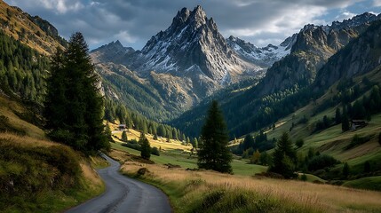 Obraz premium Alpine Road with Mountain Valley.
