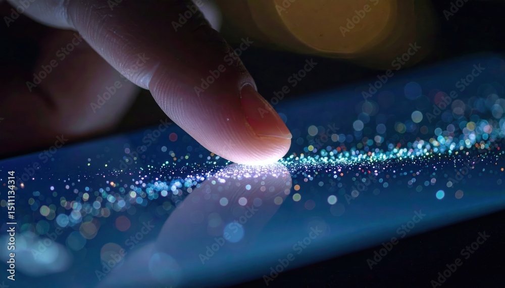 Poster close-up of a fingertip touching a glowing surface with tiny illuminated particles and bokeh effect 