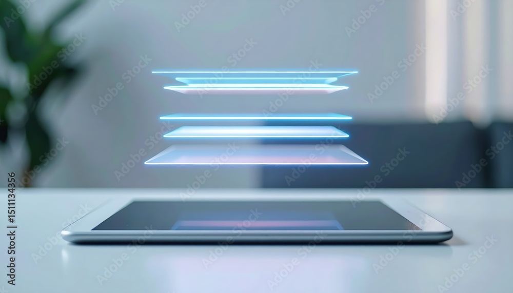 Poster futuristic transparent floating holographic interface display with glowing blue lines above a tablet