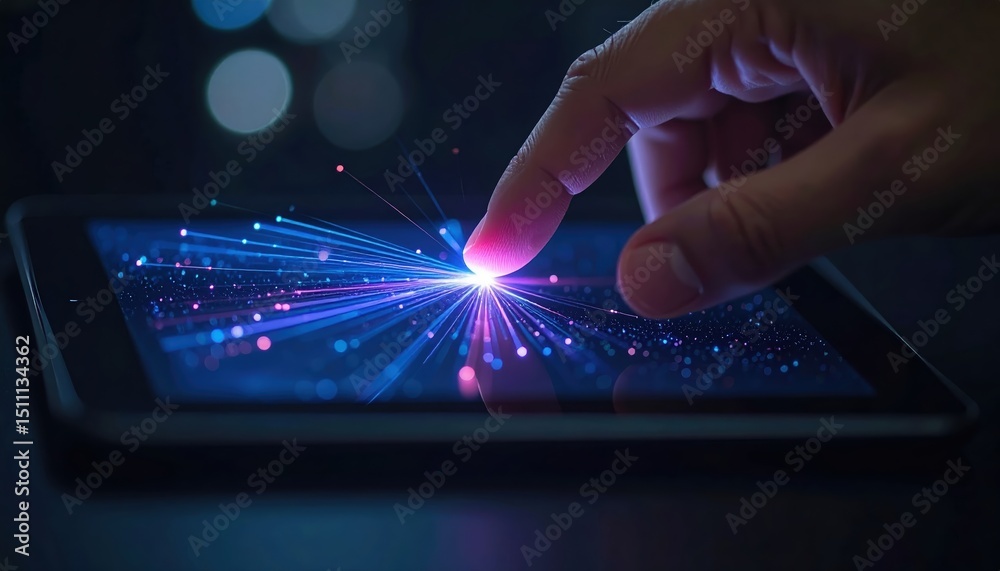 Poster close-up of a person's finger interacting with a digital interface on a smartphone screen displaying