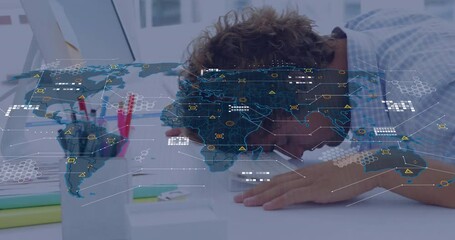Tech worker reaching keys and initiating global data overlays while slumping under digital overload - Powered by Adobe