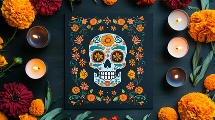 Skull Surrounded by Flowers and Candles in a Symbolic Display