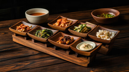 Assorted korean banchan in wooden bowls with traditional tea and side dishes on a wooden table. Korean kimchi ritual.