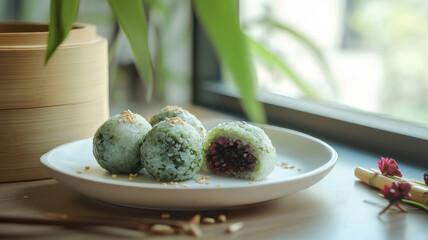 Qingtuan rice balls with Chinese mugwort or barley grass fillings on a white plate.