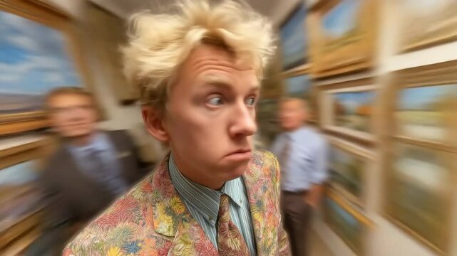 Stylized man in floral suit walking through a gallery with rapid motion and blur, surrounded by people and impressionist paintings