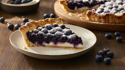 Delicious blueberry cream open pie slice on a white plate