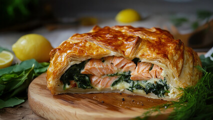 Delicious salmon wellington with spinach and creamy pastry.