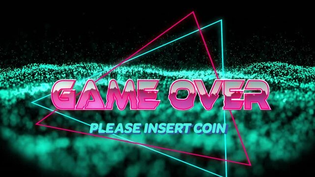Neon green dots starting GAME OVER rotating while triangles framing prompt urging coin insertion