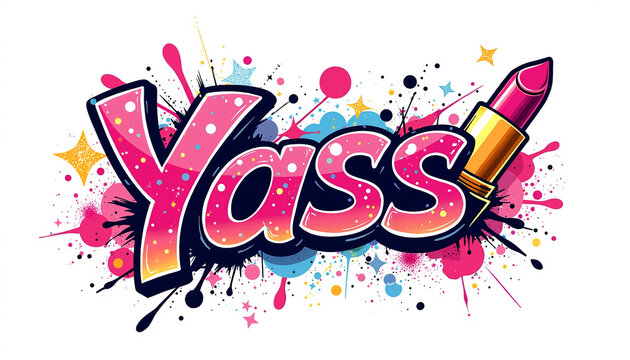 Yass girly word art design with lipstick.  Stylish pink lettering with glitter and paint splatters.  Perfect Yass design for social media posts and beauty blog.