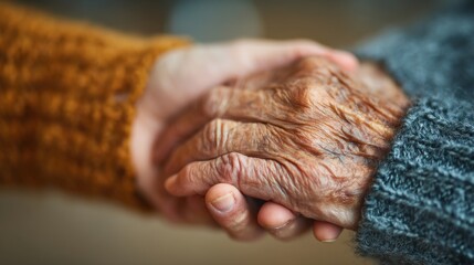 Moment of empathy and care, patient holding caregiver's hand, neutral background with space 
