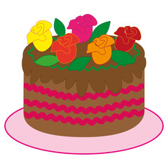 Chocolate cake illustration. Floral topping detail. Decorative sweet dessert. Colorful vector pastry.