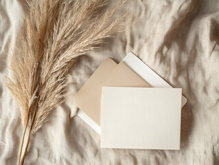 Elegant White Envelope with Blank Card and Dried Plant