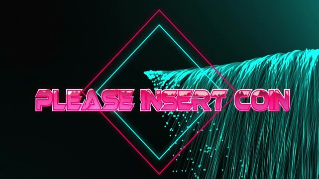 Glitch forming neon PLEASE INSERT COIN, cyan diamond forming, weaving fibers highlighting prompt