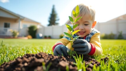 Fototapeta premium Young boy carefully plants a sapling in his backyard garden on a sunny day