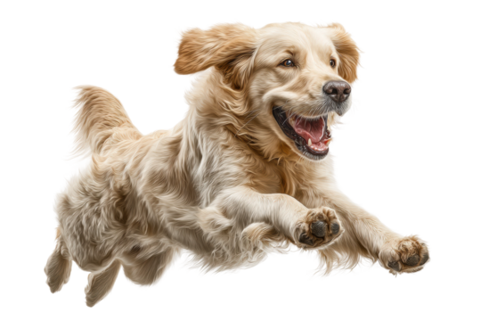 PNG Golden retriever in mid-air leap with joyful expression
