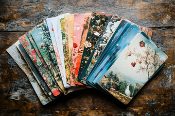 Colorful Cards Spread on a Rustic Wooden Table