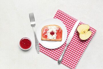 Table setting with tasty toast on white background. Canadian flag concept