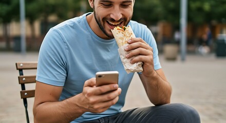 A man happily eating food while looking at the phone. 