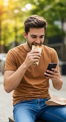 A Man Relaxes Outdoors While Enjoying a Delicious Wrap and Engaging with His Phone.