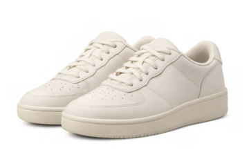 Stylish white sneakers with tied laces, showcasing modern footwear design on a transparent background