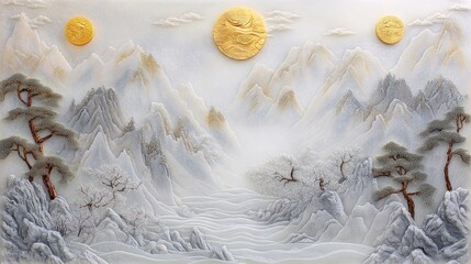 Obraz premium A carved stone landscape scene with mountains and trees.
