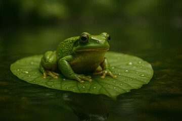 Obraz premium Frog on Leaf in Stream – Nature’s Stillness