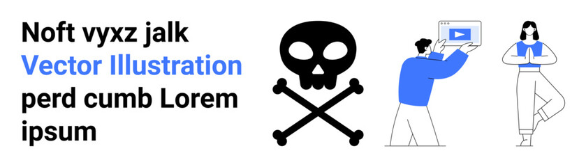 Skull and crossbones between person holding video screen and yoga practitioner in tree pose. Ideal for learning balance, mindfulness, warnings, health awareness, multimedia education, caution, simple