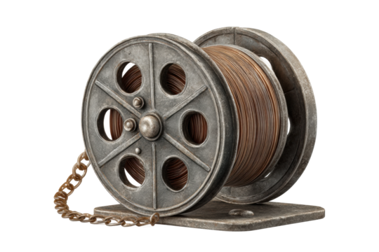 PNG Vintage metal movie reel with chain and film wire