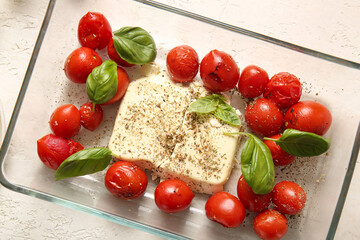 Baking dish with tasty tomatoes and feta cheese on light background
