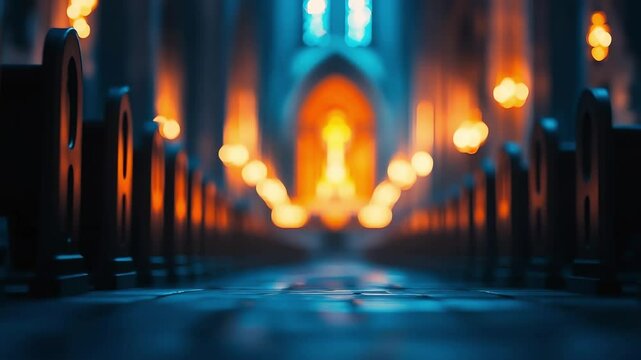 Blurred church interior shows rows of empty benches leading to a bright altar.