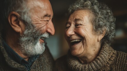Elderly couple laughing and bonding in modern neutral living room 