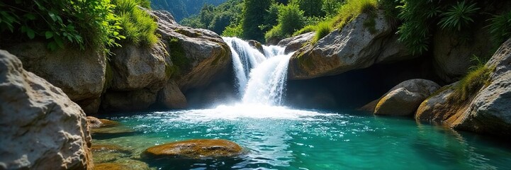 Crystal clear water cascades over mossy rocks in a breathtaking waterfall, sunlight dappling the surface Perfect for nature, travel, and environmental themes , forest, spray, scenery