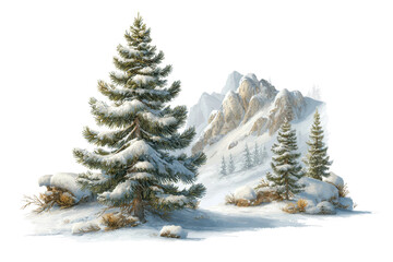 Fototapeta premium PNG Snow-covered pine trees and rocky mountains in winter landscape