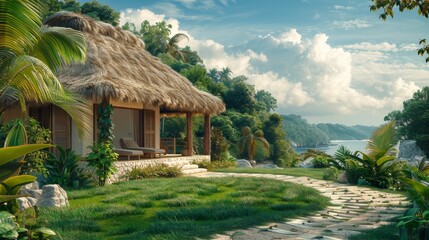 dynamic outdoor scene of tropical bungalow with thatched roof, sunny day, realistic style, vibrant green and beige tones, wide-angle composition with bungalow in foregroun