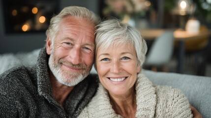 Bright and modern home with elderly couple looking happy and content 
