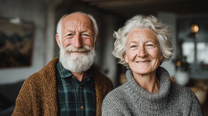 Bright and modern home with elderly couple looking happy and content 