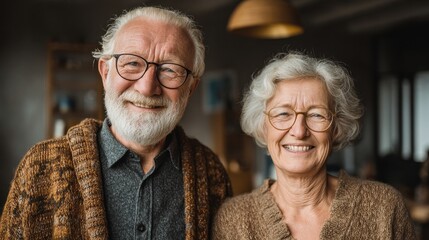 Bright and modern home with elderly couple looking happy and content 