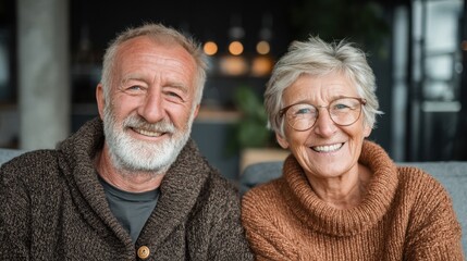 Bright and modern home with elderly couple looking happy and content 