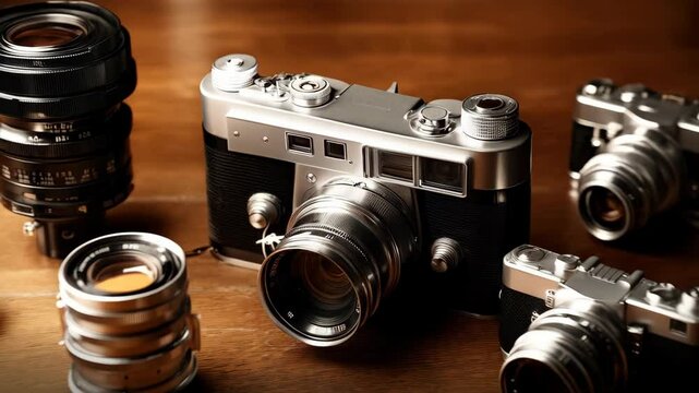 Collection of vintage cameras and lenses displayed on a wooden surface in a studio lighting environment, showcasing photography equipment.