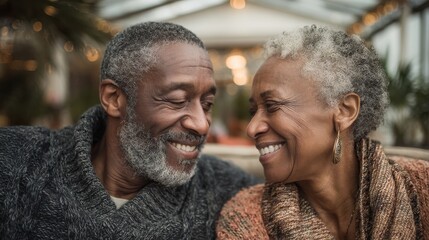 Aging couple sharing laughter in spacious and modern house