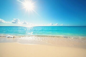 Obraz premium A luxurious, shimmering expanse of golden-white sand meets a tranquil, clear ocean under a bright sun Perfect for travel, vacation, or luxury themes , sand, scenery