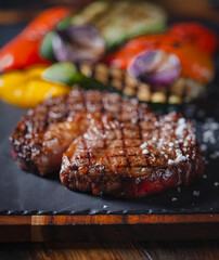Grilled ribeye steak served on a dark slate plate with vegetables