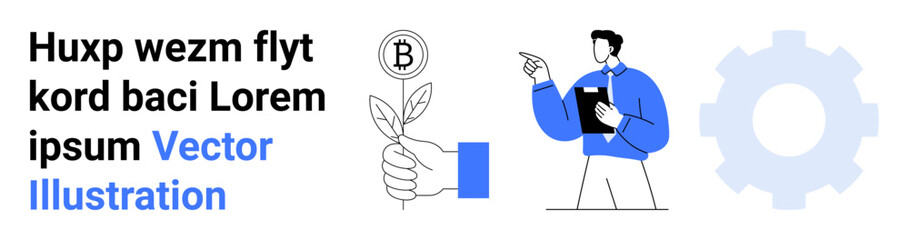 Professional holding clipboard pointing towards sustainable cryptocurrency concept linked with gear and leaf graphics. Ideal for blockchain, finance, ecology, innovation, teamwork, education, simple