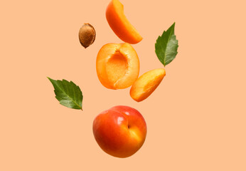 Flying fresh apricot with pieces and leaves on orange background